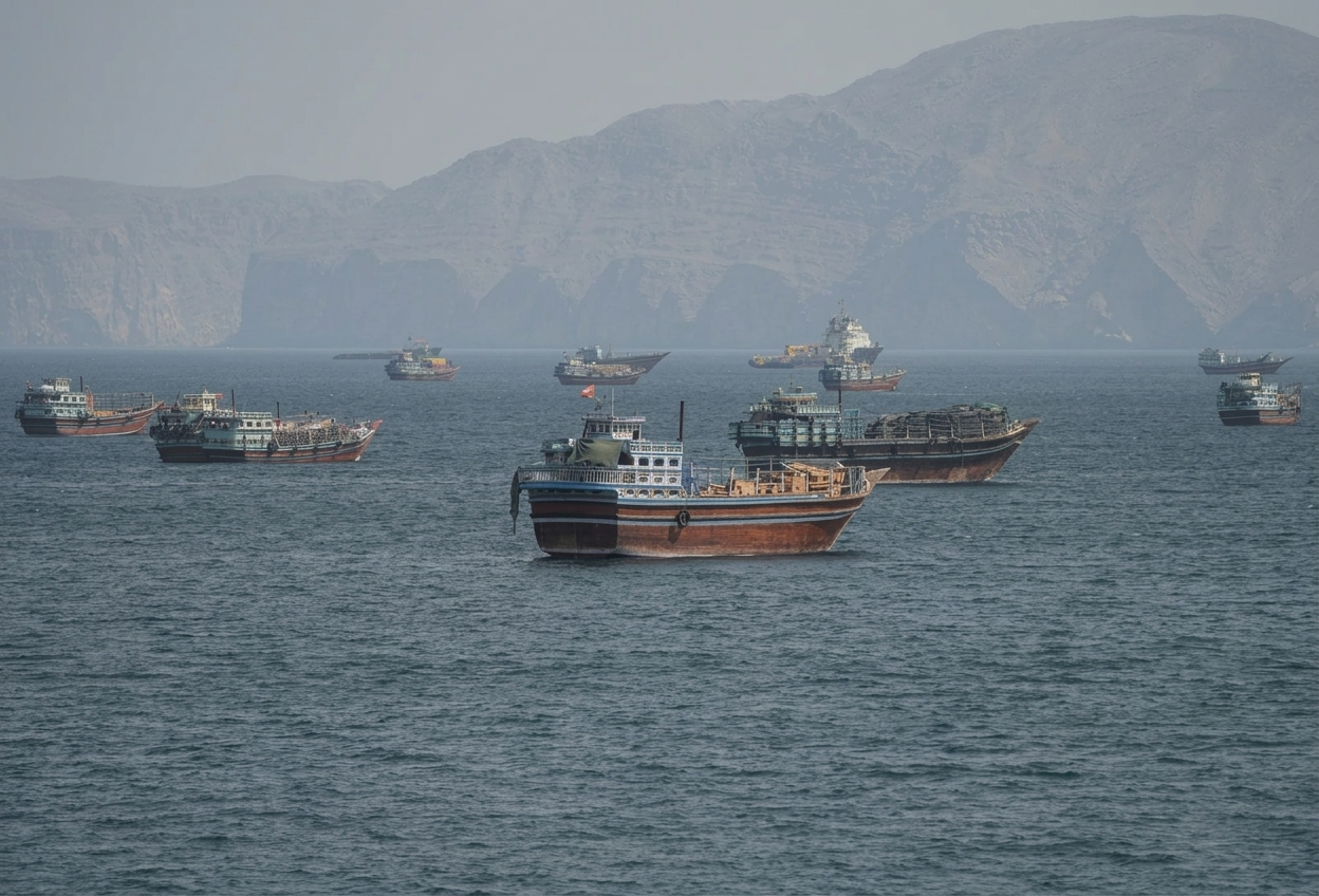 Vessels around Strait of Hormuz, as seen from Oman's Musandam